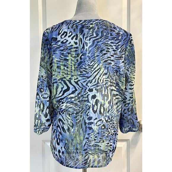 Roz & Ali Animal Print Blouse Top Front Knot Button Up Blue Size L New - Picture 5 of 12